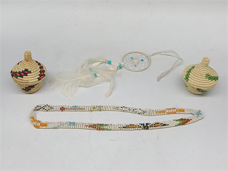 2 FIRST NATION MINIATURE BASKETS WITH LIDS BEAD NECKLACE + DREAM CATCHER