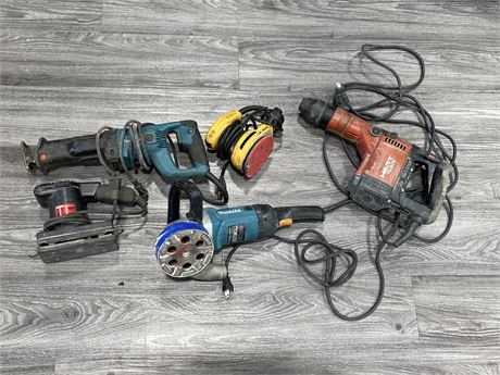 5 POWER TOOLS - ALL POWER UP, SOME NEED BLADES / ACCESSORIES