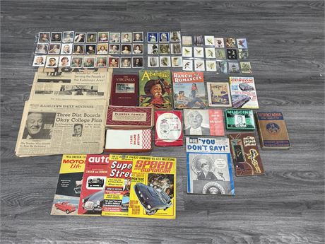 LARGE LOT OF VINTAGE MAGAZINES - CIGARETTE CARDS - NEWSPAPERS - ECT