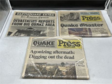3 VINTAGE EARTHQUAKE NEWSPAPERS