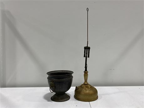 VINTAGE GAS LAMP (30” tall) & POT