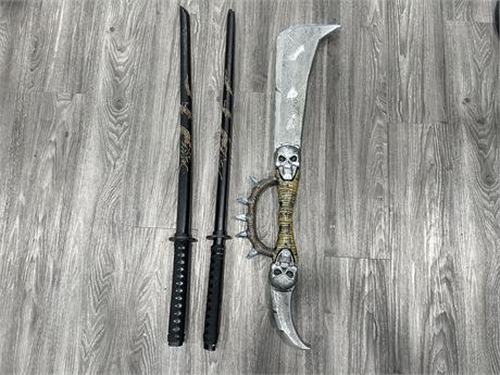2 WOODEN PRACTICE SWORDS & PLASTIC HALLOWEEN SWORD