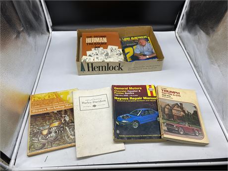 LOT OF VINTAGE BOOKS & CAR/MOTORCYCLE MANUALS