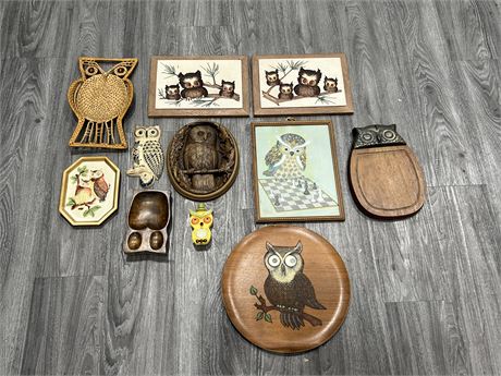 LOT OF MCM OWL CHALKWARE PICTURES & COLLECTABLES