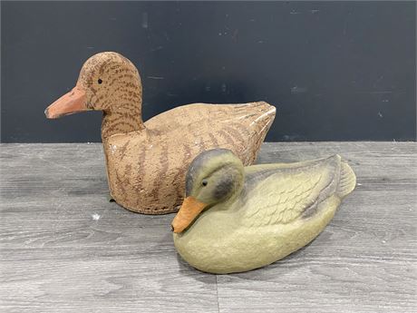2 VINTAGE WATER FOWL DECOYS CARBED BY LATIMER (10” TALL)