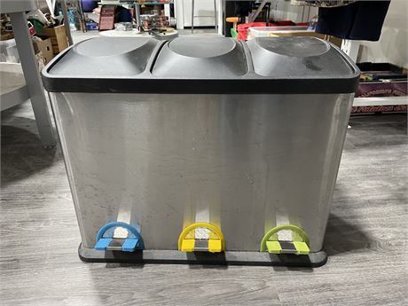 3 COMPARTMENT STAINLESS STEEL TRASH RECYCLE CAN (23”x12”x18”)