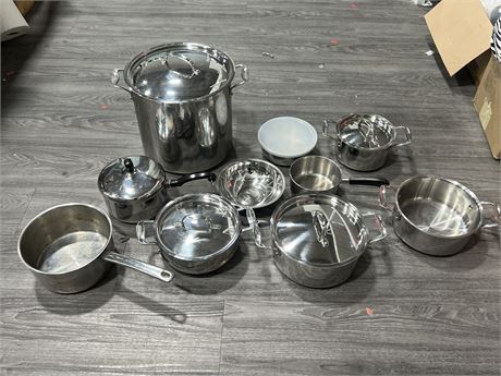 LOT OF STAINLESS STEEL POTS, ETC