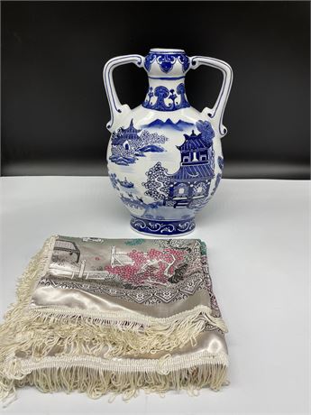 BLUE WILLOW LARGE VASE (12.5”) & SILK SQUARE EMBROIDERED CLOTH (36”)