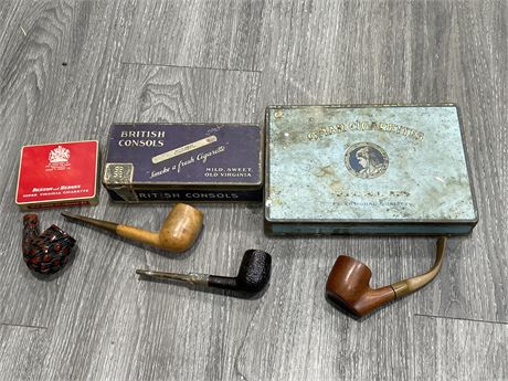 LOT OF 4 VINTAGE PIPES & 3 TOBACCO TINS