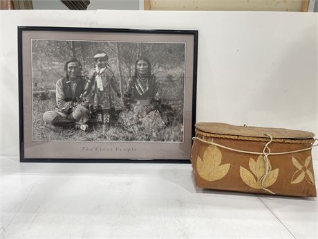 INDIGENOUS BIRCH BARK BASKET 1970’S & FRAMED POSTER “THE FIRST PEOPLE” (19”x25”)