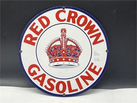 RED CROWN GASOLINE PORCELAIN ENAMELLED AUTO SIGN (11”)
