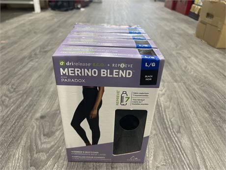5 PAIRS OF MERINO BLEND LEGGINGS WOMENS SIZE L - 4 BLK & 1 BLUE
