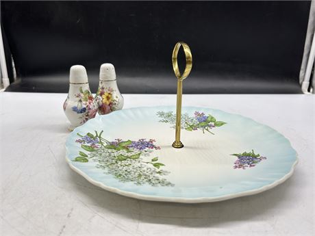 VINTAGE CHINA CAKE PLATE AND 2 HAMMERSLEY SALT AND PEPPER SHAKERS