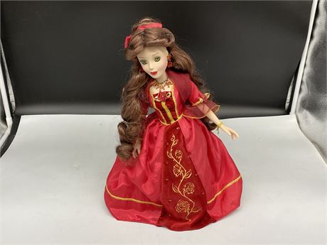 BELLE PORCELAIN DOLL W/STAND (16” Tall)