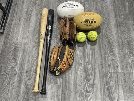 2 WOODEN LOUISVILLE SLUGER BATS W/ 2 LEATHER RUGBY BALLS & BASEBALL MITTS