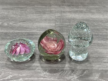 3 ART GLASS PAPER WEIGHTS - LARGEST IS 5” TALL
