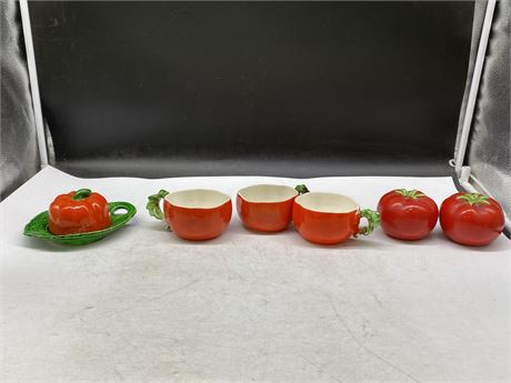 MCM TOMATO CUPS, SALT & PEPPER DISHES + BUTTER DISH