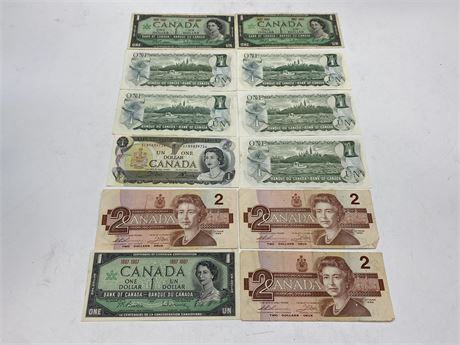 12 VINTAGE CANADIAN ONE & TWO DOLLAR BILLS