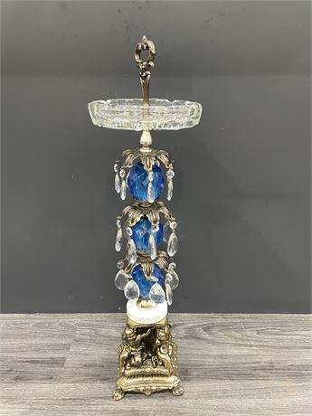 MIDCENTURY STANDING ASHTRAY W/ GILT + BLUE CRYSTALS