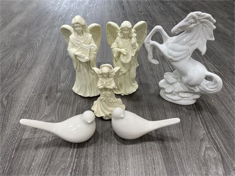 3 PARTYLITE ANGEL CANDLE HOLDERS, 2 CERAMIC DOVES, 1 CERAMIC HORSE (11.5” TALL)