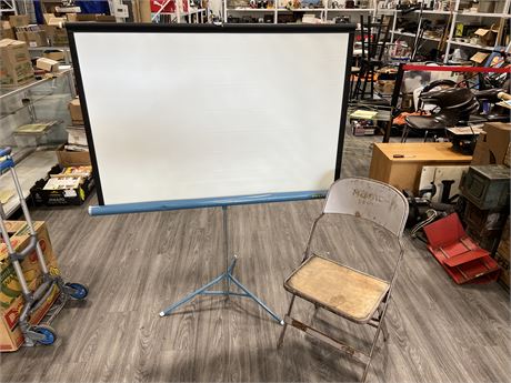 VINTAGE MUSIC DEPT. SCHOOL CHAIR & STAND UP PROJECTOR SCREEN