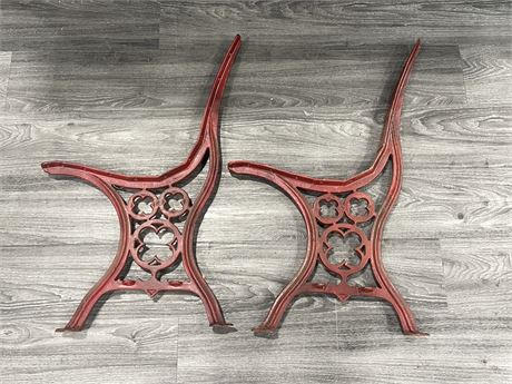 2 VINTAGE RED CAST IRON BENCH ENDS - 30”x19”