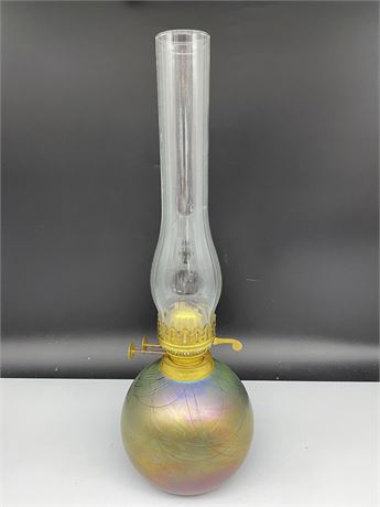 SIGNED ART GLASS DOUBLE BURNER KEROSENE LAMP (20” TALL)