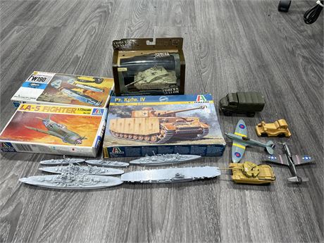 ASSORTED MILITARY DIECAST & 3 MODEL KITS