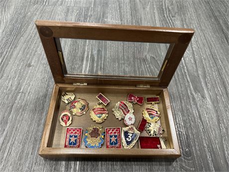 12 RUSSIAN PINS IN DISPLAY CASE
