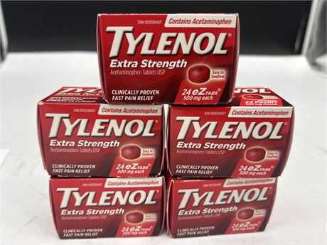 5 NEW BOXES OF TYLENOL EXTRA STRENGTH- EARLIEST EXPIRY 2026 - 08