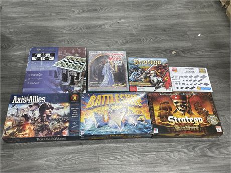 7 MISC BOARD GAMES INCL: SEALED AN EVENING OF MURDER PARTY GAME