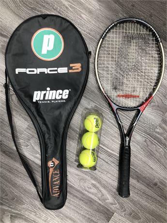 PRICE FORCE 3 TENNIS RACKET WITH CASE AND BALLS