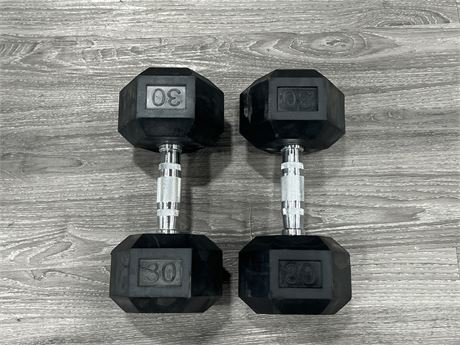(2) AS NEW 30 POUND HIGH QUALITY DUMBBELLS (60 POUNDS TOTAL)