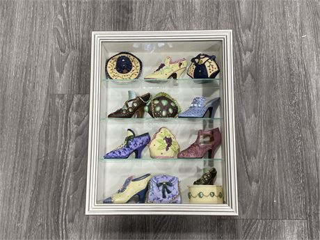 SHADOW BOX PICTURE WITH MINI CERAMIC SHOES, PURSES AND HAT (11” x 14”)