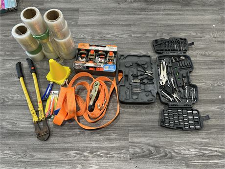 LOT OF NEW TIE DOWNS, MISC TOOLS, WRAP & TAPE + ECT