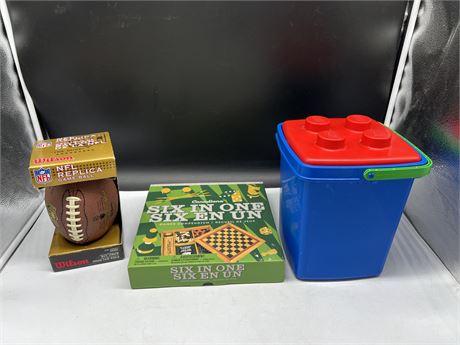 NEW MINI NFL REPLICA FOOTBALL + NEW 6 IN 1 GAME SET & LEGO CARRY CASE WITH -