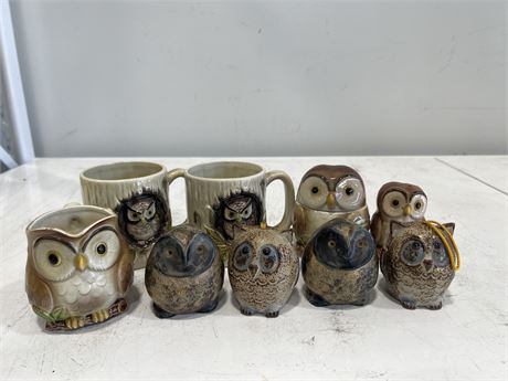 4 MCM CERMIC OWLS & HAND PAINTED OWL COLLECTABLES BY OTAGIRI