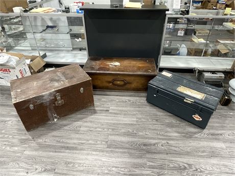 LOT OF 3 VINTAGE TRUNKS - 2 WOOD 1 METAL (LARGEST IS 42”x18”x13”)