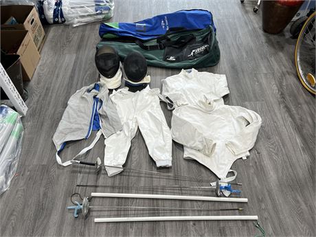 LOT OF FENCING EQUIPMENT INCLUDING CARRY BAGS, SWORDS, ETC