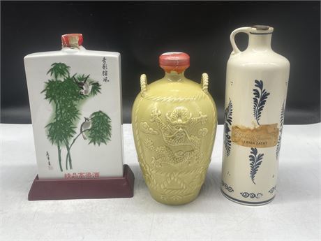 VINTAGE FULL CHINESE + DELFT LIQUOR BOTTLES - CONTENTS UNKOWN