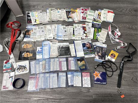 TRAY OF CONCERT TICKETS, LANYARDS, SPORTS TICKETS