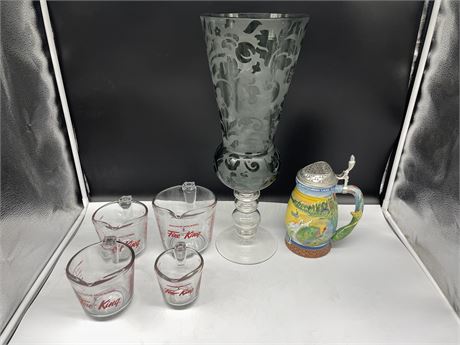 4PC FIRE KING / FISH BEER STEIN 8” / LARGE ETCHED GLASS PIECE 20”
