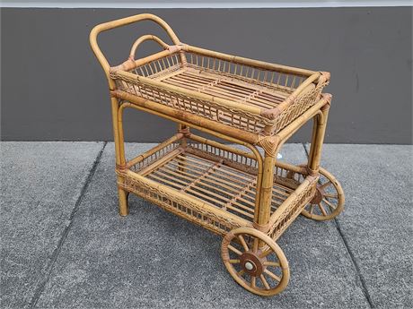 VINTAGE HAND MADE BAMBOO/WICKER ROLLING CART (34"x18"Dm - 27"Height)