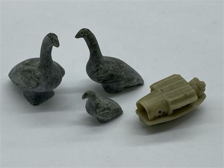 3 INDIGENOUS HAND CARVED SOAP STONE DUCKS & VINTAGE HANDCRAFTED JADE BOAT (2”)