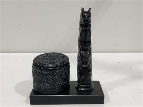 FIRST NATIONS TOTEM POLE AND CARVED BOMA TRINKET BOX