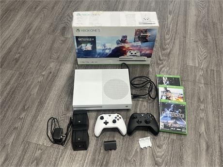 XBOX ONE S W/GAMES, CONTROLLERS, CONTROLLER CHARGER