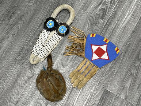 3PCS OF VINTAGE FIRST NATIONS APPAREL & ECT - GLOVE AND HAT ARE VERY SMALL