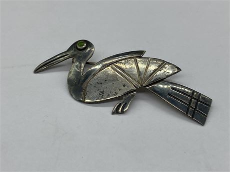 STERLING BIRD WITH GREEN EYE PENDANT SIGNED VICKEY