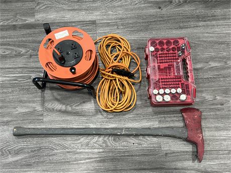 LOT OF EXTENSION CORDS, BATTERY HOLDER CASE & AXE