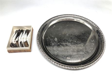 SILVER PLATE AND SPOONS SET